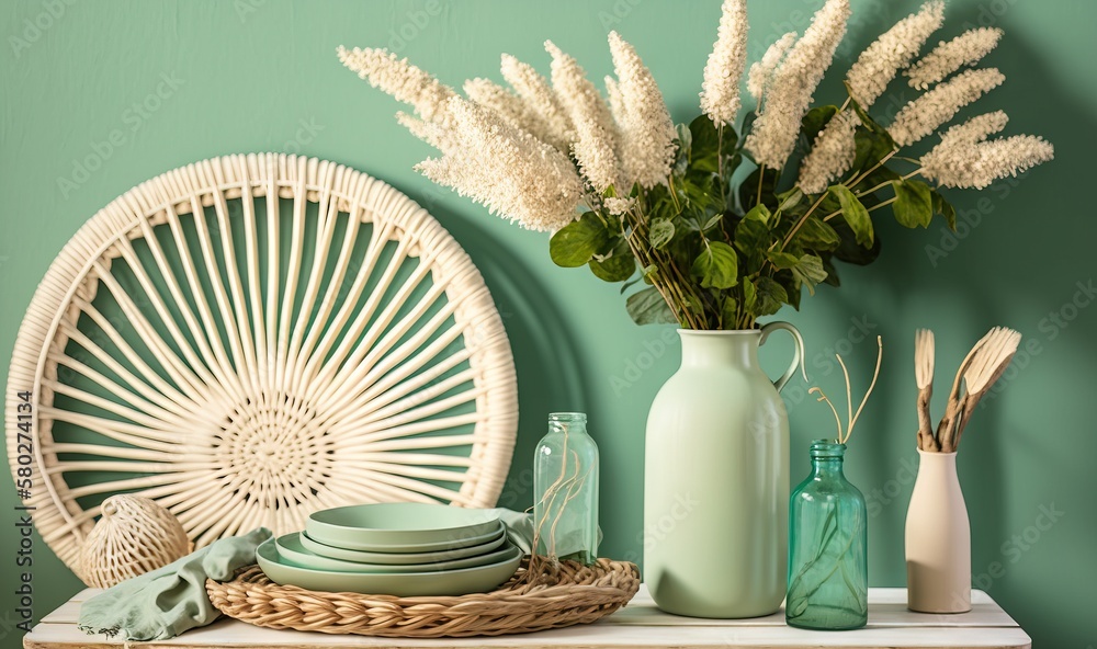  a table topped with a vase filled with flowers next to a plate and a vase filled with flowers next 