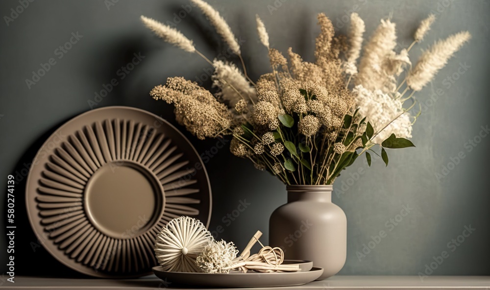  a vase with flowers and a plate on a table next to a wall hanging with a fan and a vase with dried 