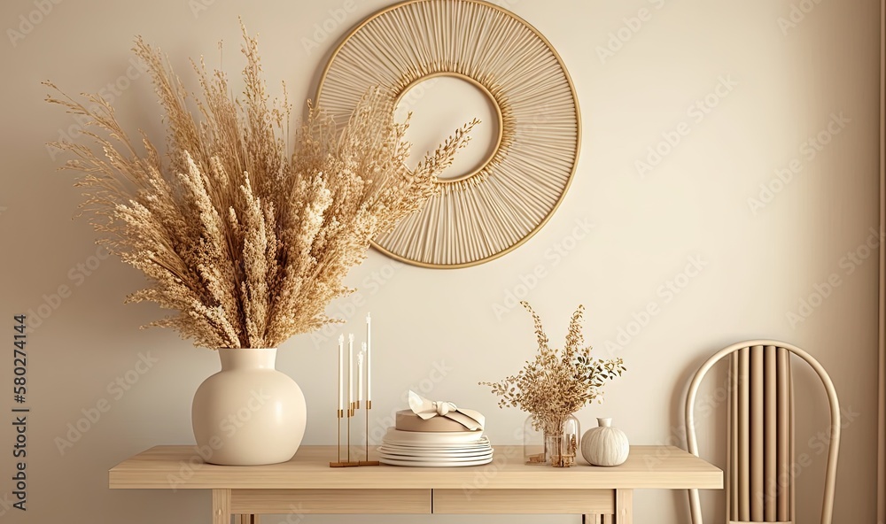  a table with a vase of flowers and a plate of cake on top of it next to a chair and a wall hanging 