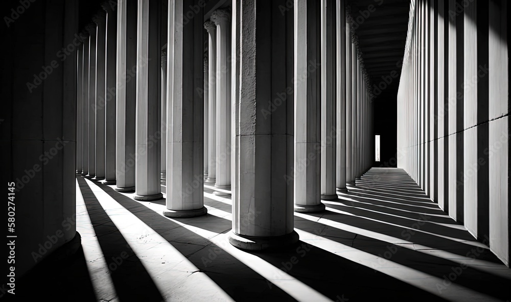  a row of columns in a building with long shadows on the floor and the columns on the side of the bu