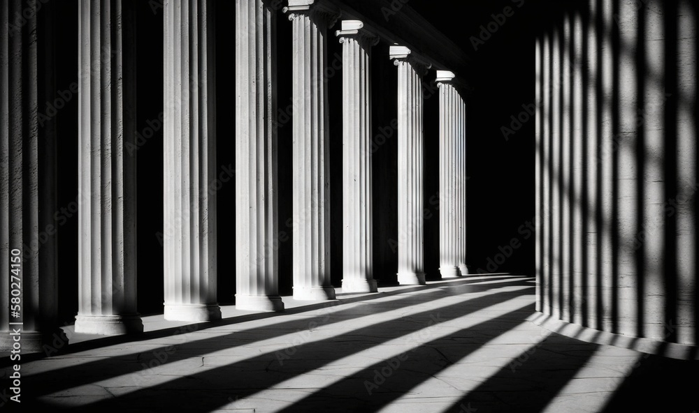  a black and white photo of a row of columns with long shadows on the floor of the columns and the w