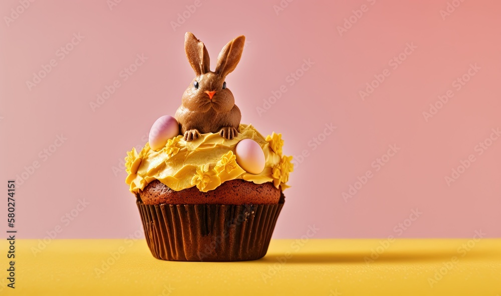  a cupcake with a bunny sitting on top of it with yellow frosting on top of it and eggs in the middl