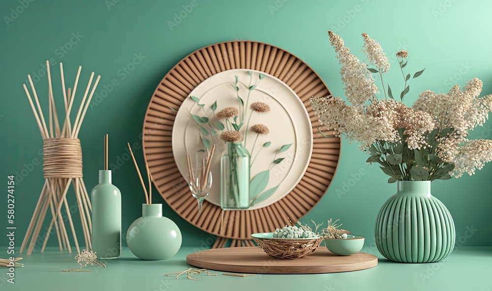  a table topped with vases filled with flowers and a plate on top of a wooden table next to a vase f