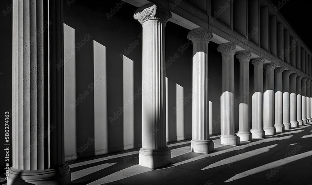  a row of white pillars sitting next to each other on a sidewalk next to a building with columns on 