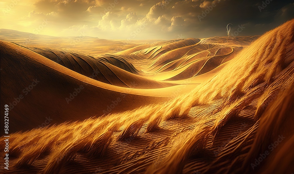  a painting of a desert landscape with sand dunes and a person walking in the distance on a cloudy d