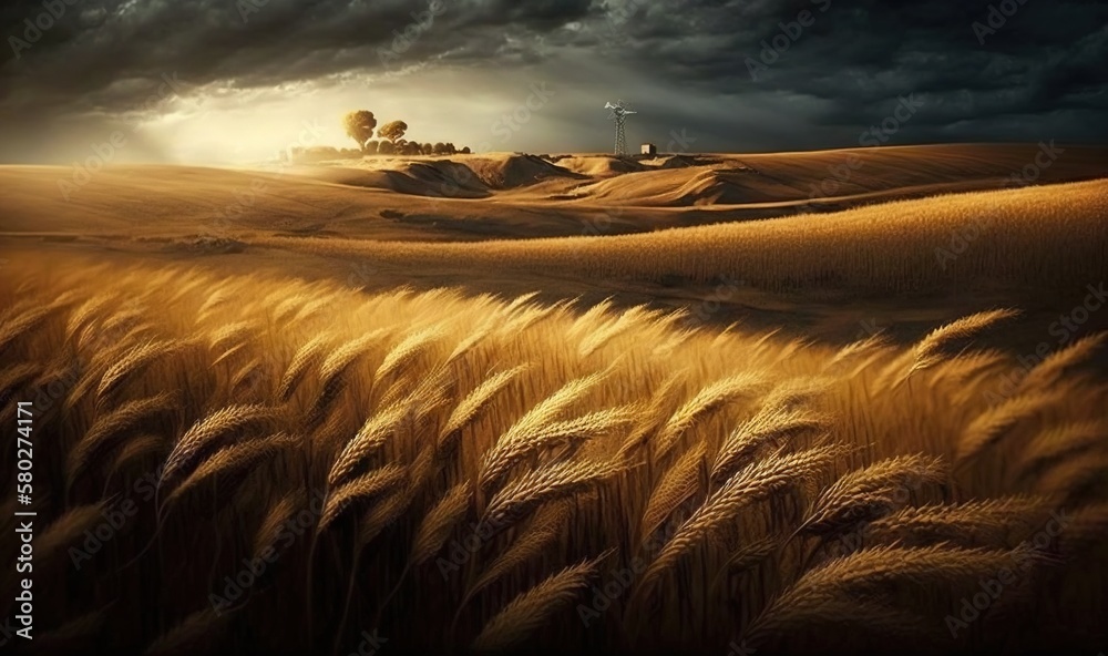  a painting of a wheat field with a windmill in the distance under a cloudy sky with dark clouds and