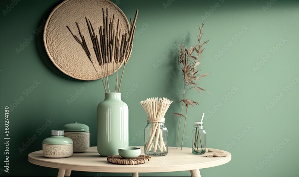  a table topped with vases filled with flowers and reeds next to a wall mounted mirror on a green wa