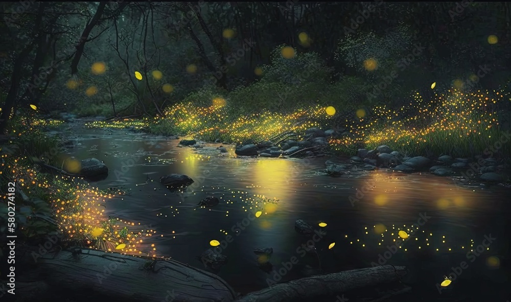  fireflies fly over a stream in a forest at night with bright lights shining from the trees and the 