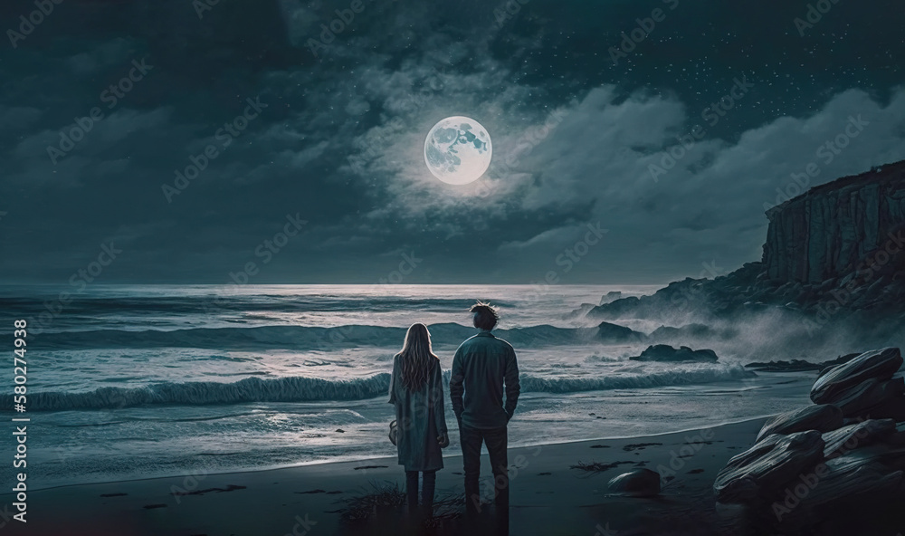  two people standing on a beach looking at the ocean at night with a full moon in the sky over the o