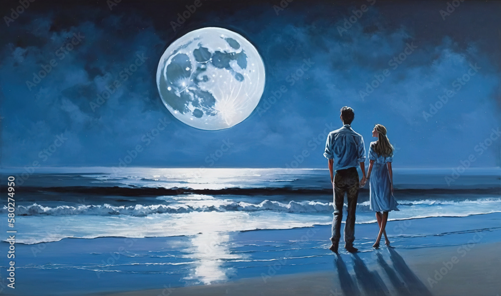  a painting of a man and a woman standing on a beach looking at the ocean at night with a full moon 