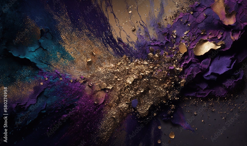  an abstract painting with gold and purple colors on a black background with water droplets on the b