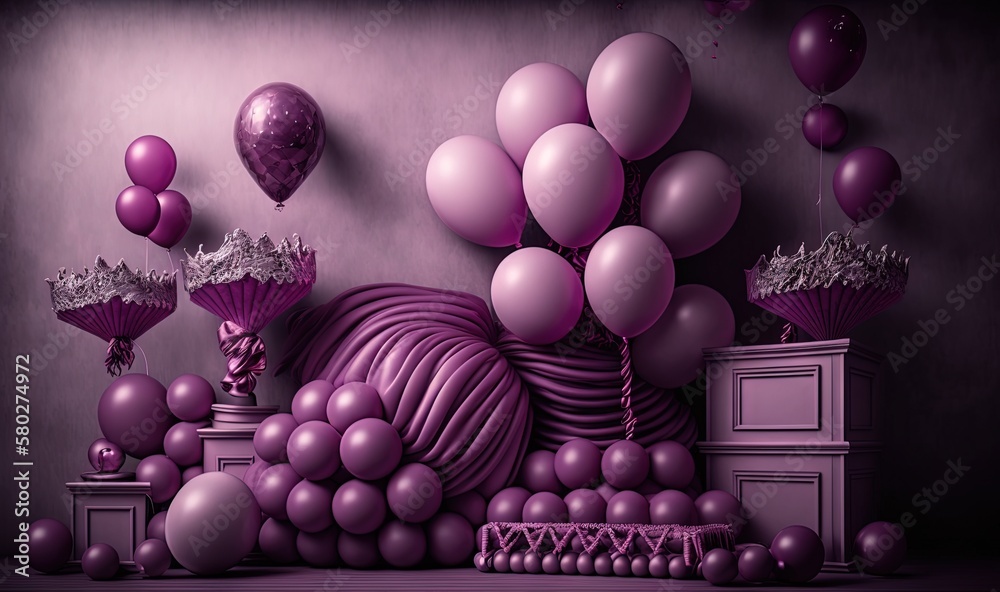  a purple room with balloons and a table with a vase and a vase of flowers and a dresser with a mirr