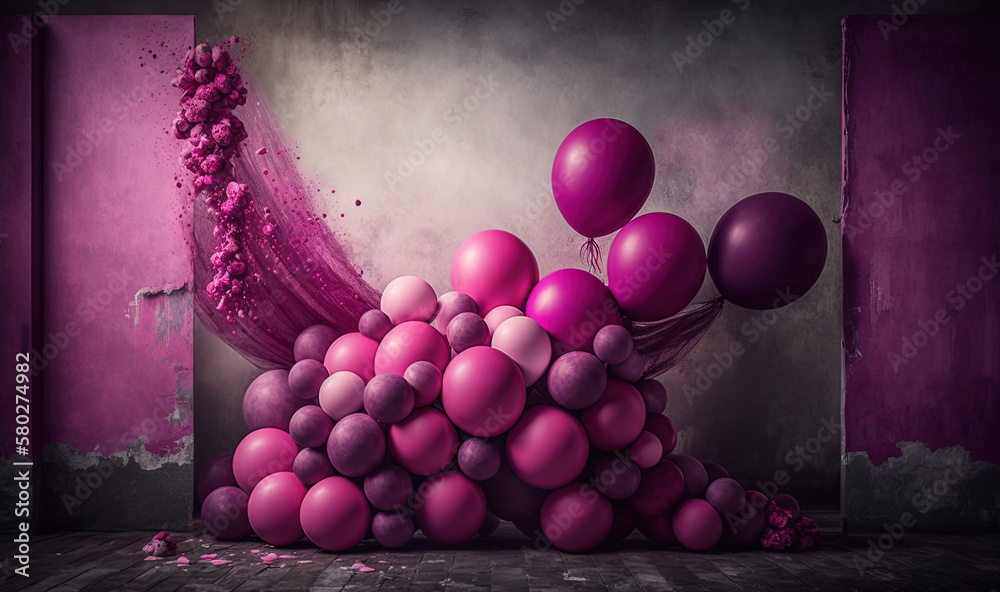  a bunch of balloons that are in the air near a wall with a purple curtain and a purple curtain behi