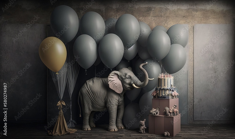  an elephant standing in front of a bunch of balloons and a cake on a table next to a box with a cak