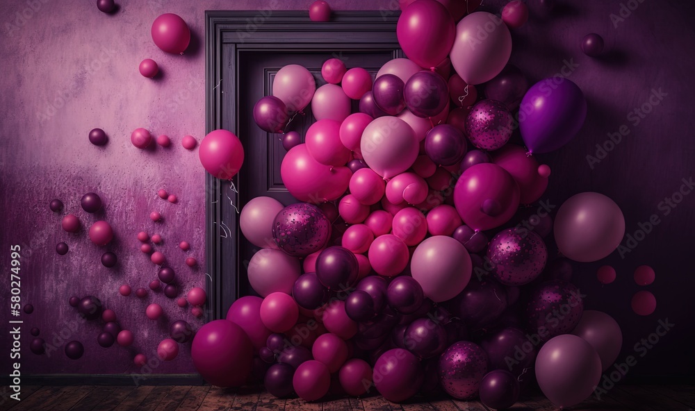  a bunch of balloons that are in the air next to a door with a purple wall and door frame in the mid