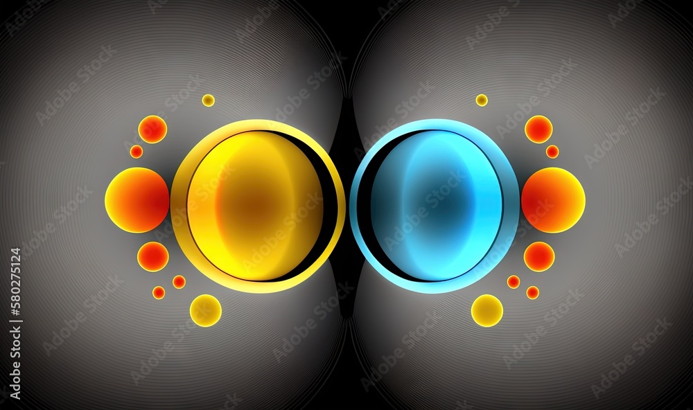  a computer generated image of two circles with orange and blue circles around them on a black backg