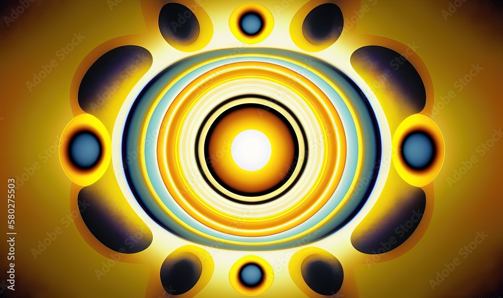  an abstract picture of a yellow and blue circle with black circles in the middle of it and a yellow