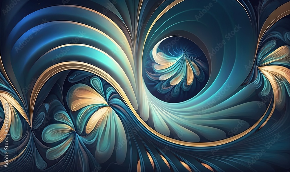  a computer generated image of a blue and gold swirl design on a black background with a gold swirl 