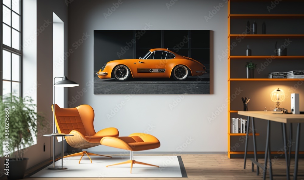  an orange car is parked in a room with a chair and a table in front of it and a book shelf behind i