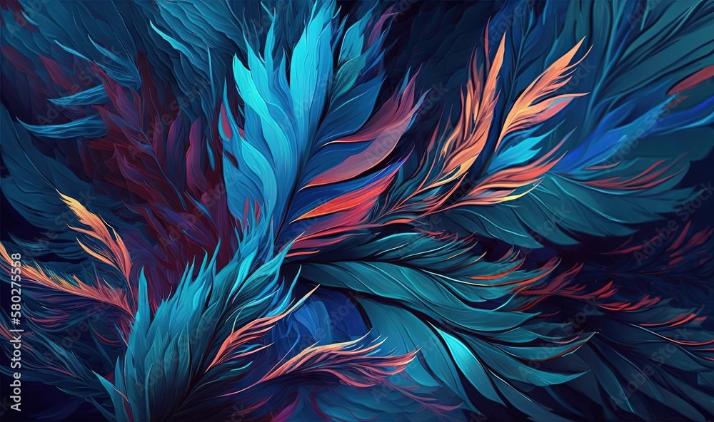  an abstract painting of colorful feathers on a dark blue and red background with a black background