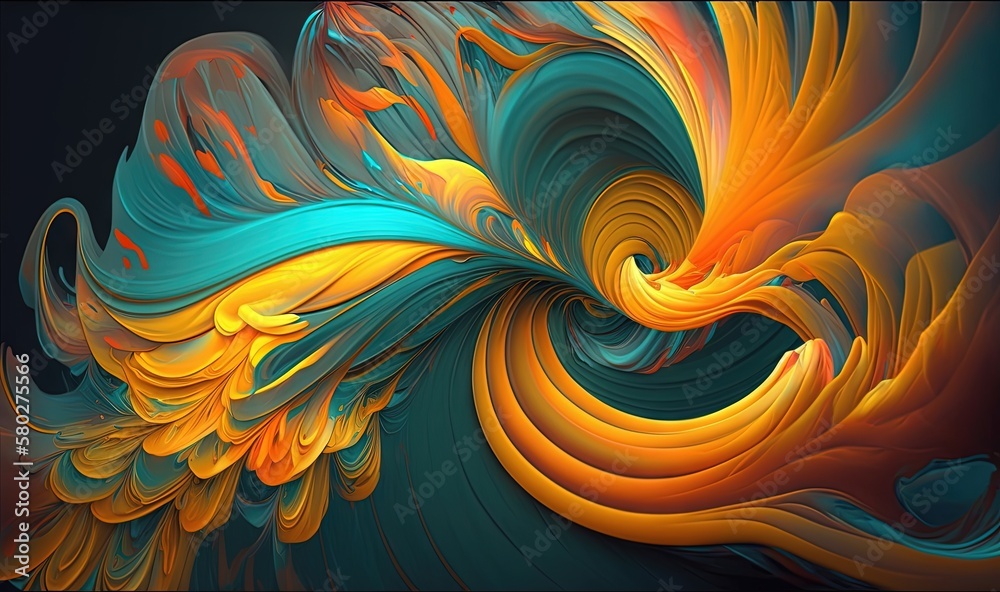  a computer generated image of a colorful wave of orange, blue, and yellow colors on a black backgro