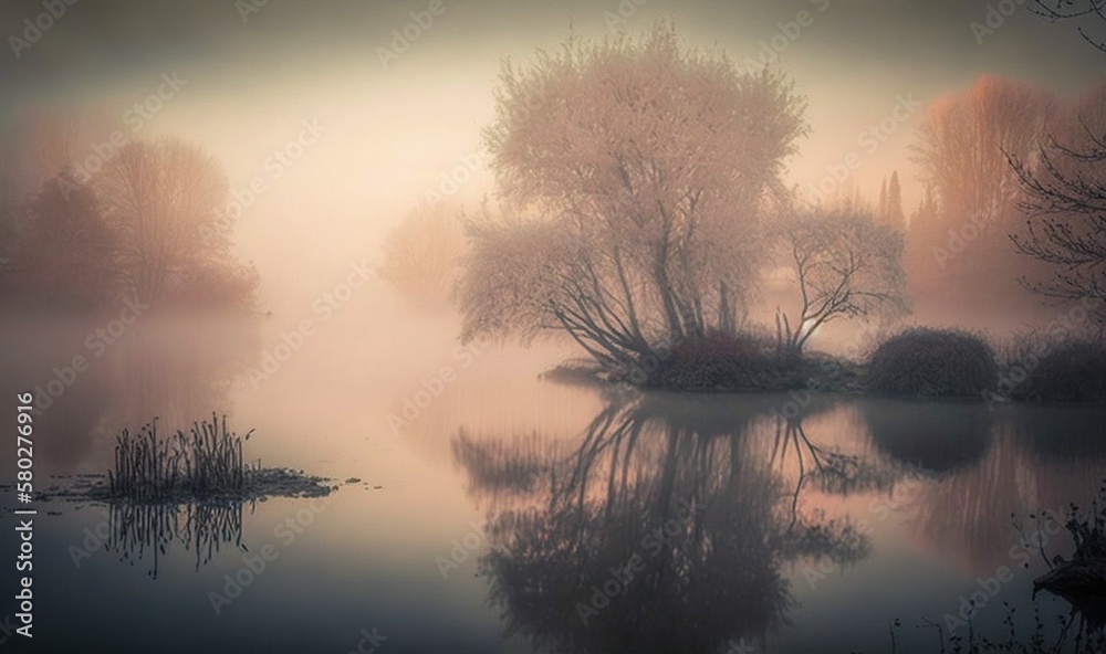  a foggy lake with trees in the background and a few birds flying over it in the foreground and a fe