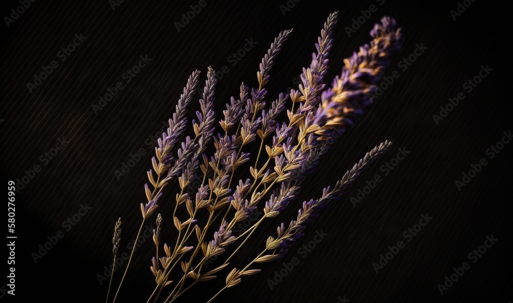  a bunch of purple flowers sitting on top of a black table top next to a black wall with a black bac