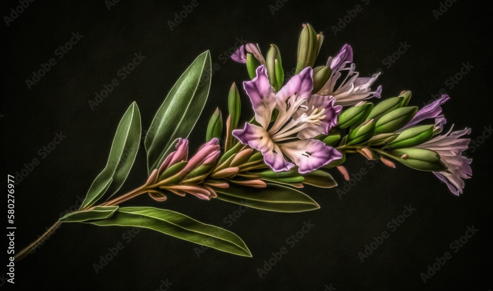  a bunch of flowers that are sitting on a table together on a black background with a green stem in 