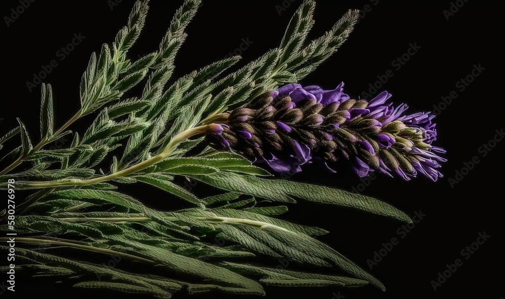  a close up of a purple flower with green leaves on a black background with a black background and a