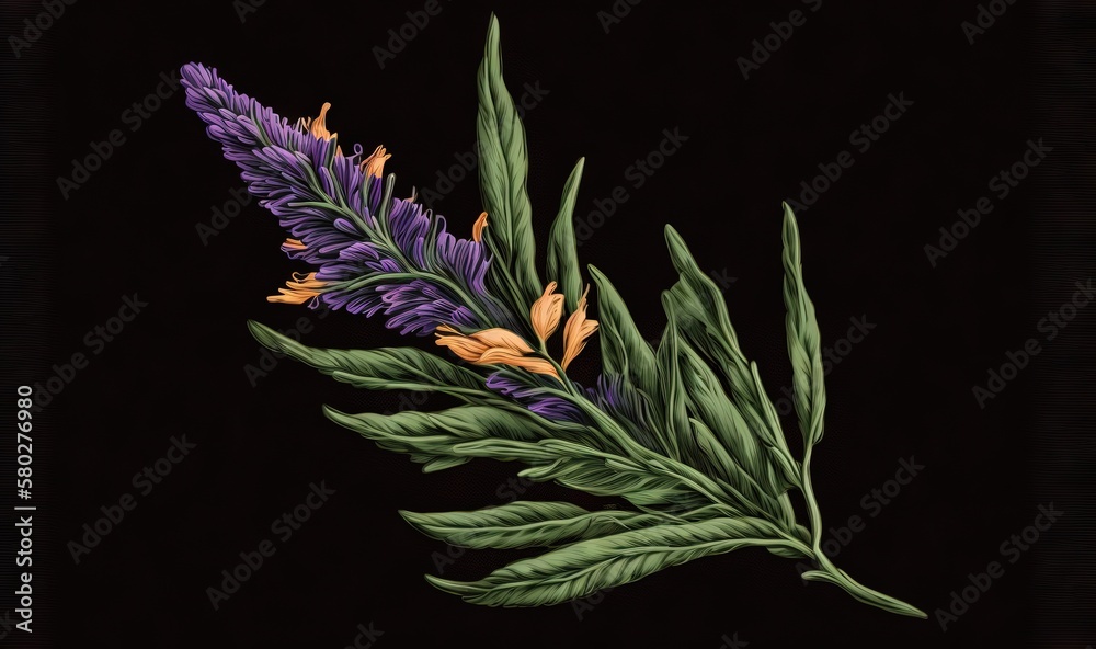  a painting of a purple flower with green leaves on a black background with a black background and a