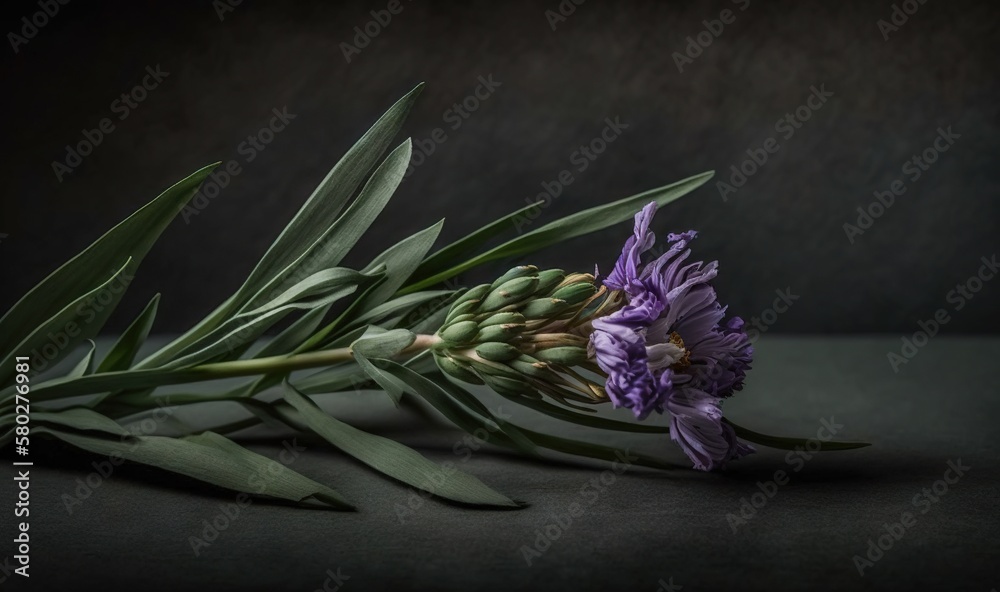  a purple flower and some green leaves on a black background with a dark background and a black back