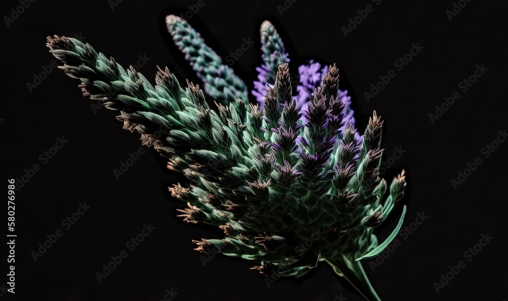  a close up of a purple and green flower on a black background with a black background and a black b