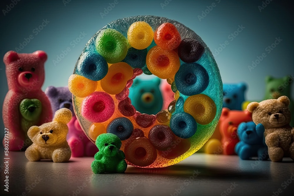 Gummi candies of every hue and flavor imaginable. The best vantage point. Dessert donuts filled with