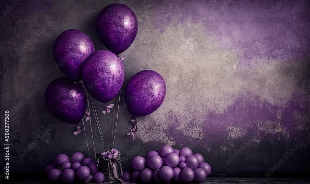  a bunch of purple balloons floating over a pile of purple balls and a basket of purple balls on a t