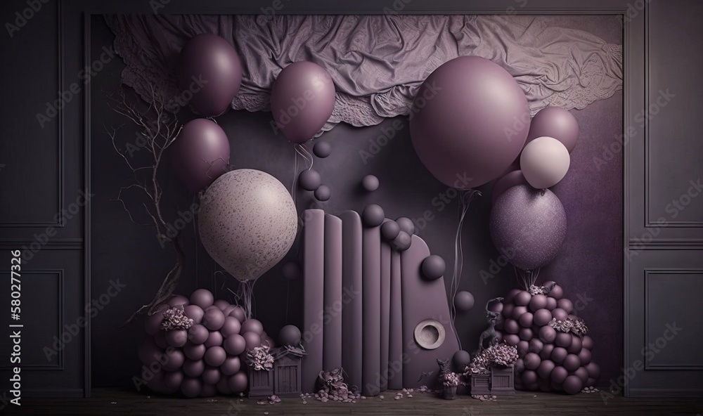  a painting of balloons and grapes in a room with a curtain and a table cloth on the floor and a wal