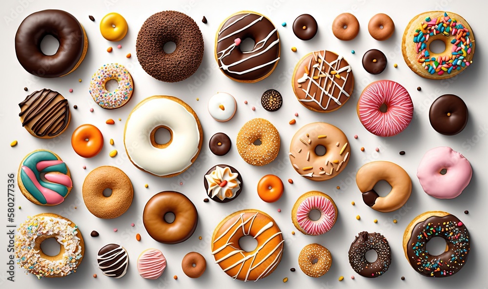  a bunch of different kinds of donuts on a white surface with sprinkles on the top and bottom of the