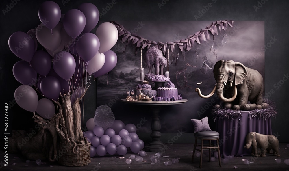  a table topped with a cake next to a bunch of balloons and an elephant statue next to a table with 