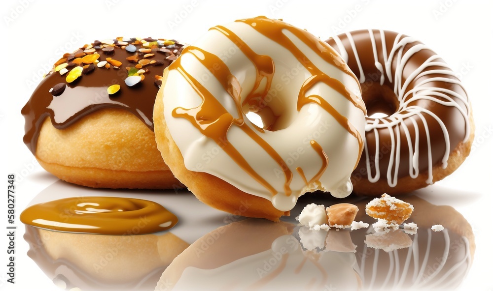  a group of donuts with different toppings on a white surface with a reflection on the floor and a w