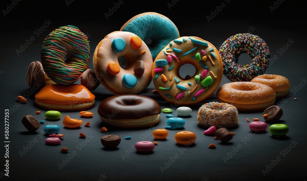  a group of donuts with different toppings on a black background with sprinkles and candies all arou