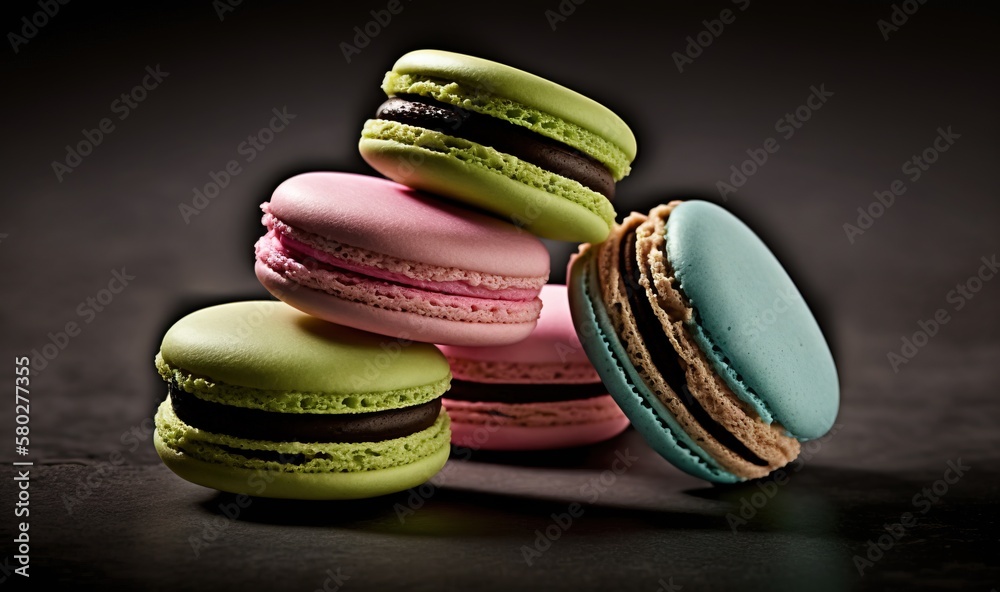  a stack of colorful macaroons sitting on top of each other on a black tableclothed surface with a s