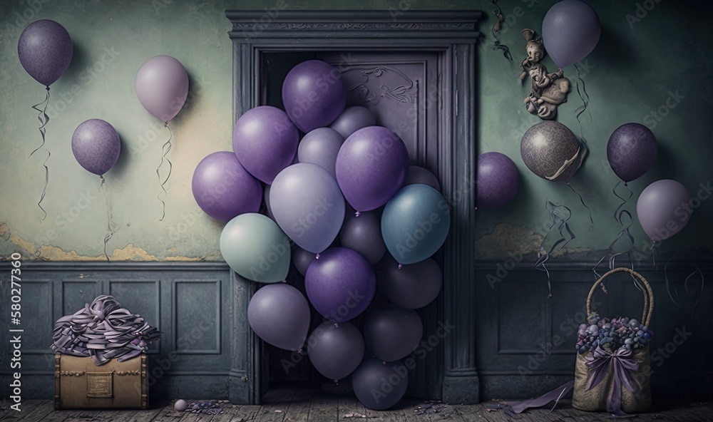  a bunch of balloons that are in a room with a door and a basket on the floor in front of it and a b