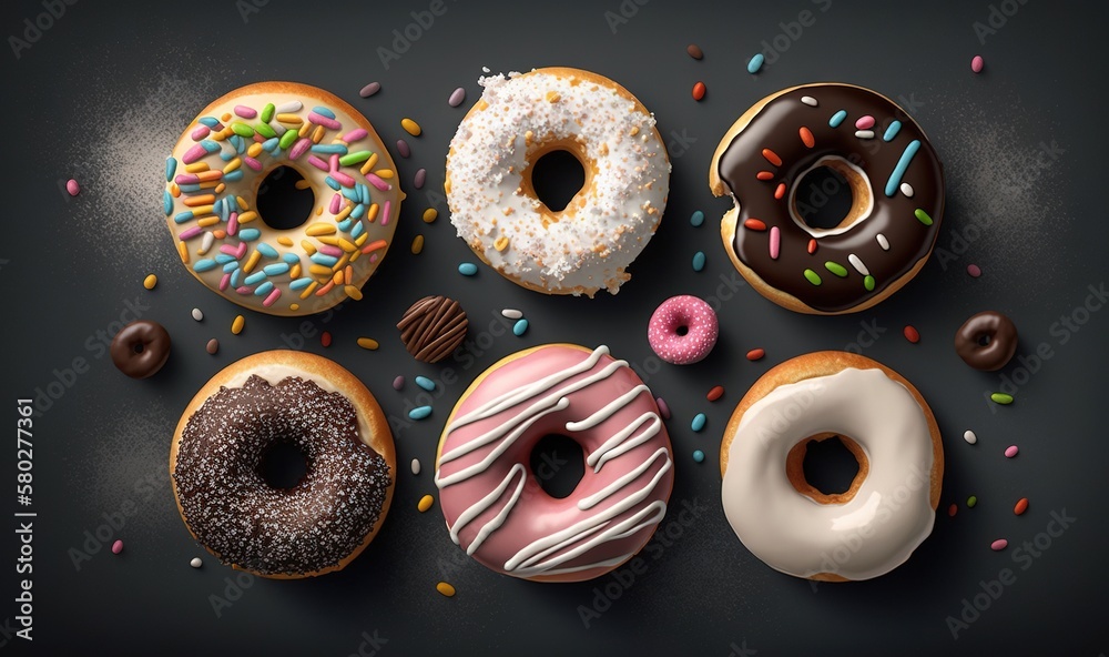  a group of donuts with different toppings on a black surface with sprinkles and chocolate on the to