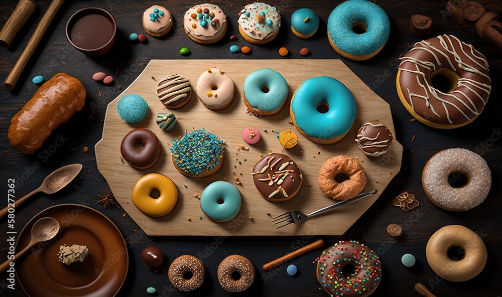  a wooden cutting board topped with lots of donuts and other pastries on top of a wooden table next 