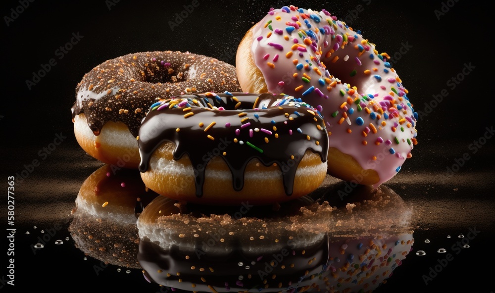  three donuts with chocolate frosting and sprinkles on a black background with a reflection of the d