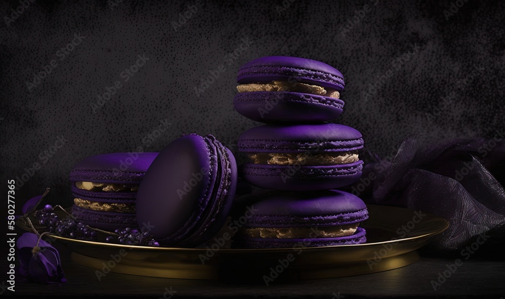  a plate with purple macaroons and a purple cloth on it and a purple cloth on the side of the plate 