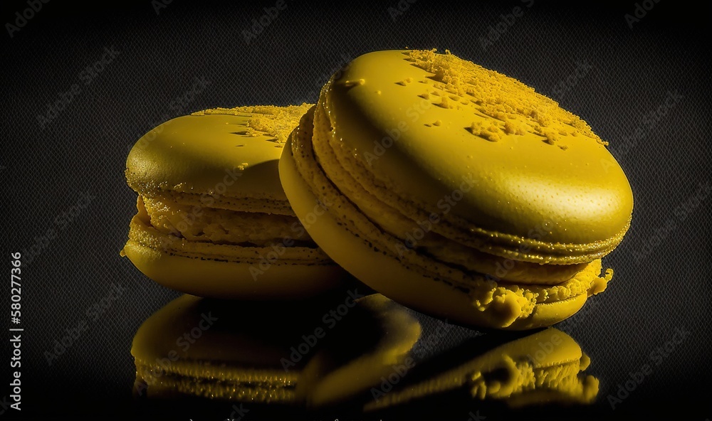  a stack of yellow macaroons sitting on top of each other on a black surface with a reflection of th