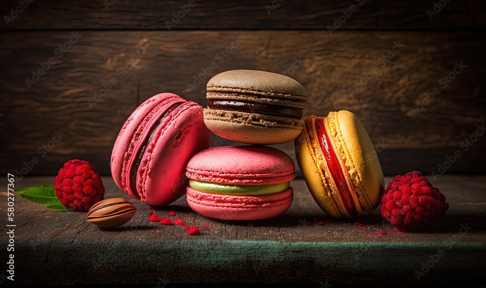  a pile of different colored macaroons next to raspberries and almonds on a table with a wooden back