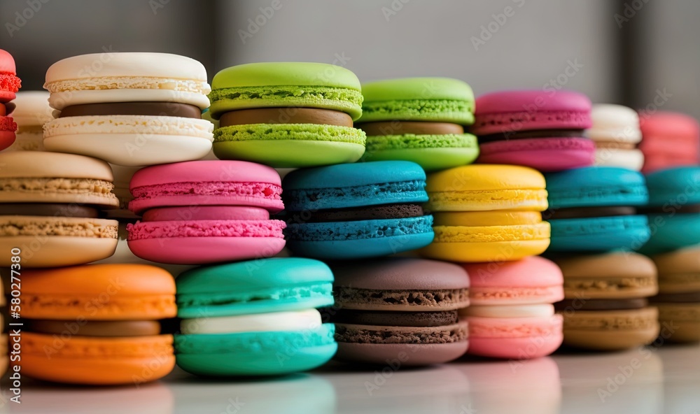  a stack of colorful macaroons sitting on top of each other on a counter top next to a wall of other