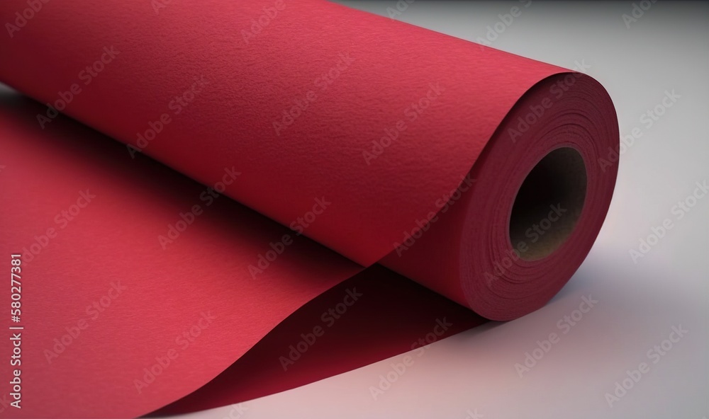  a roll of red paper sitting on top of a white tablecloth on top of a white tablecloth on top of a w