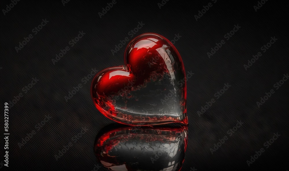  two red glass hearts sitting on top of a black surface with a reflection on the floor below them an